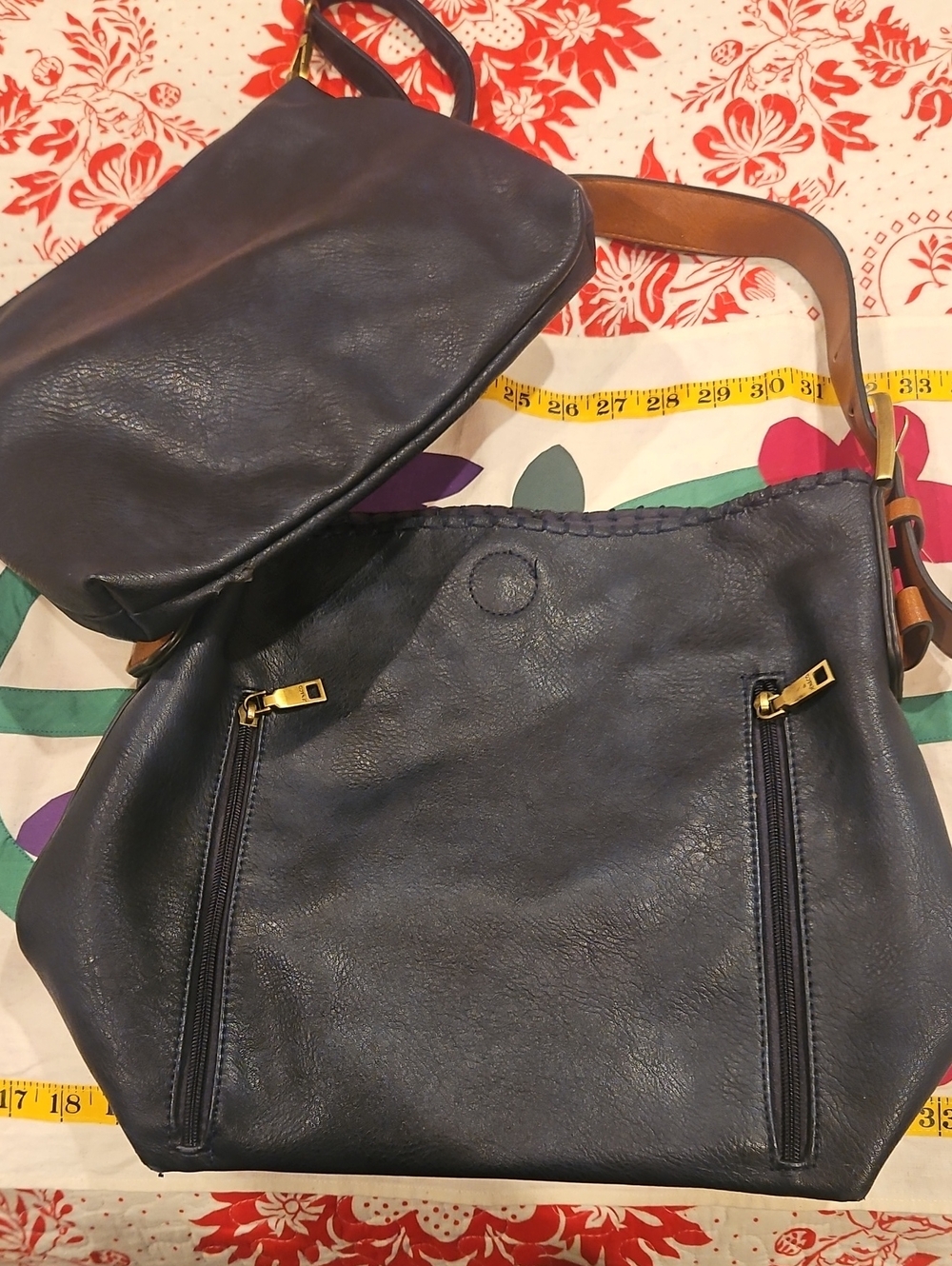 Jen&Co Navy Leather Shoulder Bag with Detachable Smaller Bag